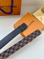Louis Vuitton belt set showing navy leather strap with buckle and damier check section