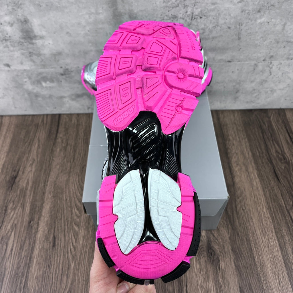 Unisex Balenciaga sneakers, patterned neon pink outsoles with black heel accents