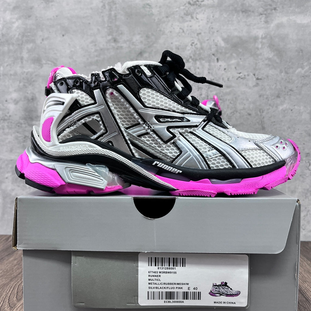 Unisex Balenciaga sneakers, silver mesh upper with black details and neon pink sole
