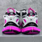 Unisex Balenciaga sneakers rear view, black straps with neon pink midsoles