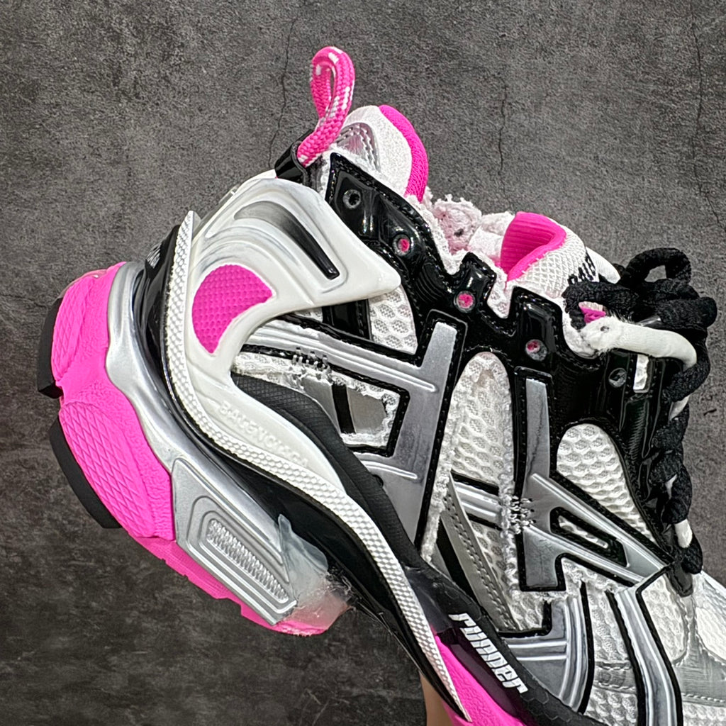 Balenciaga unisex running sneaker, white and black with pink collar and silver details