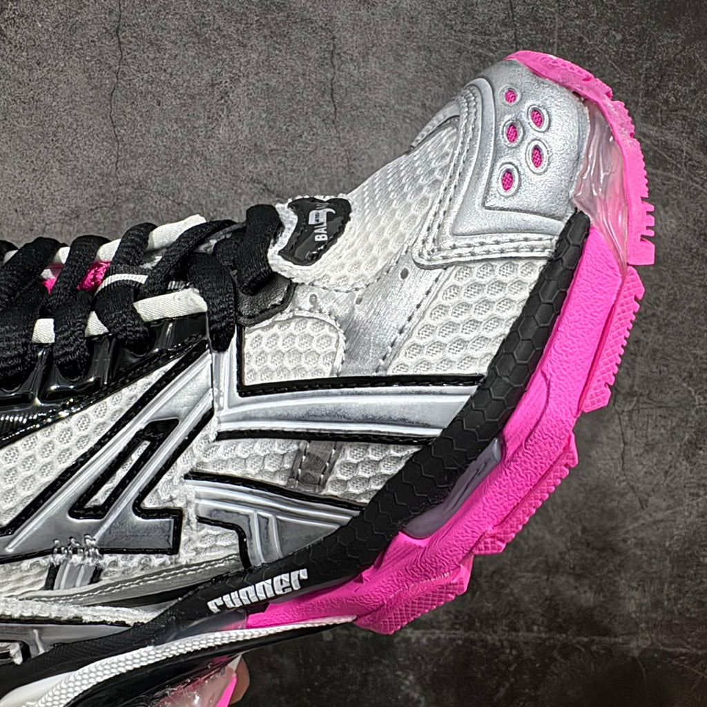 Balenciaga unisex running sneaker, white and silver with black stripe and pink midsole