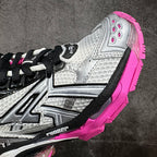 Balenciaga unisex running sneaker, white and silver with black stripe and pink midsole