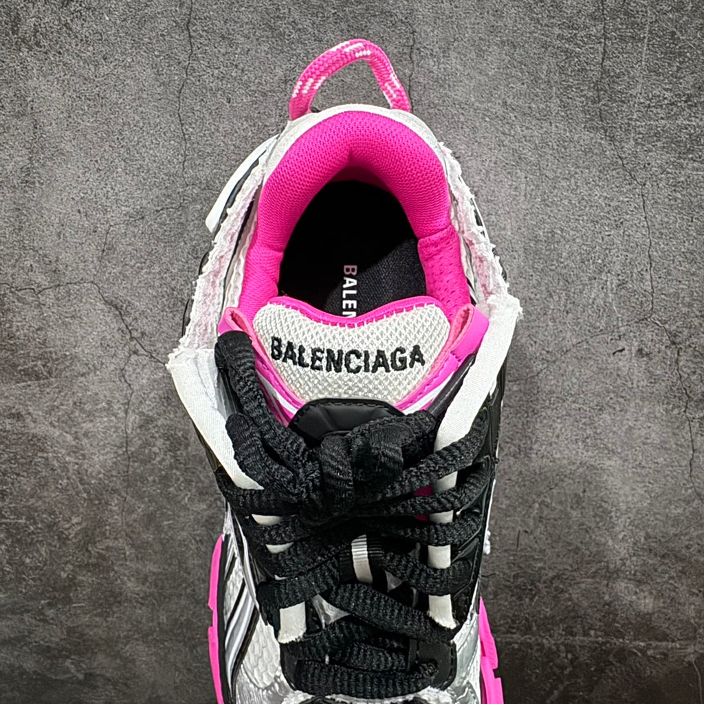 Balenciaga unisex running sneaker, pink-lined collar with black lace and white mesh