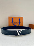 Blue leather belt with embossed pattern and silver-toned LV buckle