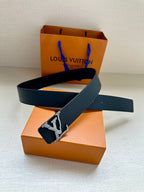 Dark blue leather belt with LV buckle and adjustable strap with holes