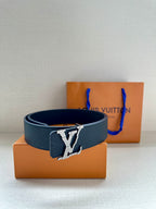 Dark blue leather belt with embossed pattern and large LV square buckle