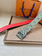 Louis Vuitton belt, green monogram strap with silver LV buckle and red underside