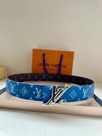 Louis Vuitton belt in blue monogram canvas with large silver LV buckle