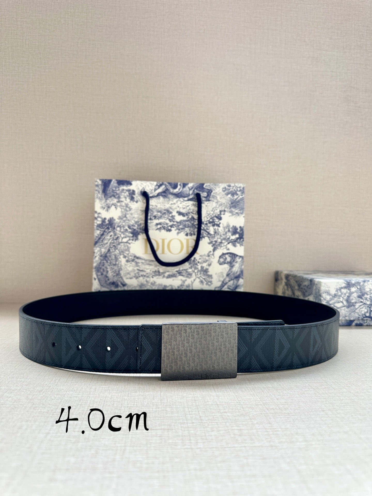 Dior belt, dark blue leather strap with stitched texture and silver buckle