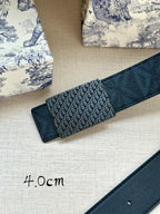 Dior belt detail: monogram canvas strap with silver buckle plate, 4.0cm