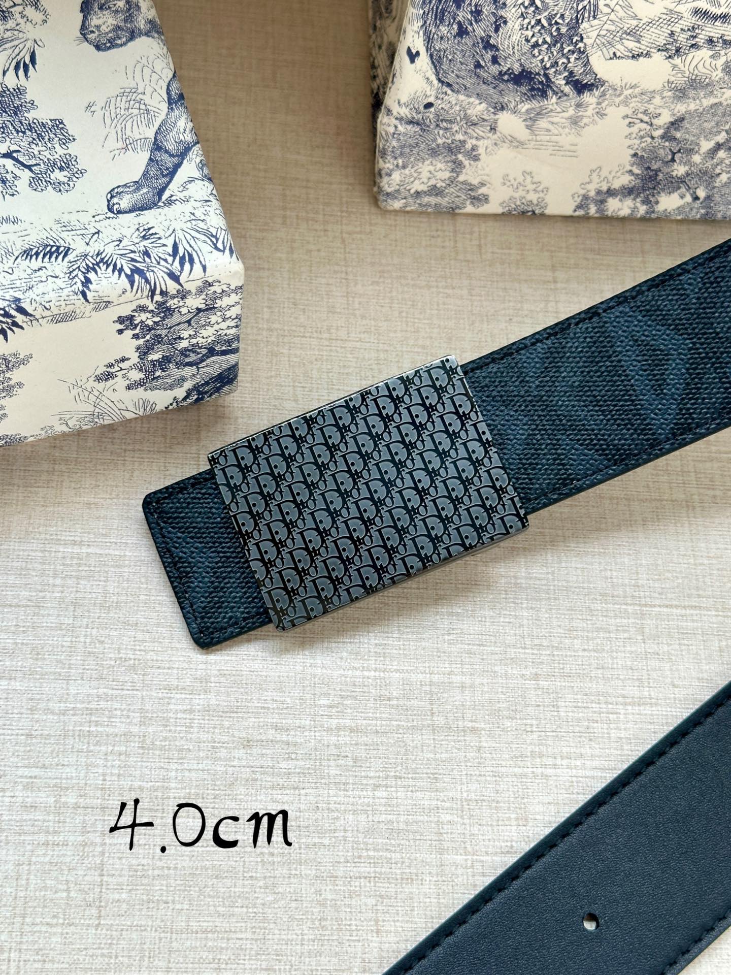 Dior belt detail: monogram canvas strap with silver buckle plate, 4.0cm