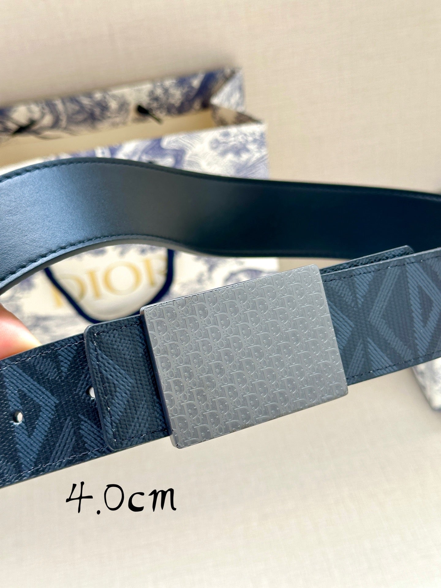 Dior belt strap with dark gray leather, textured panel and silver buckle