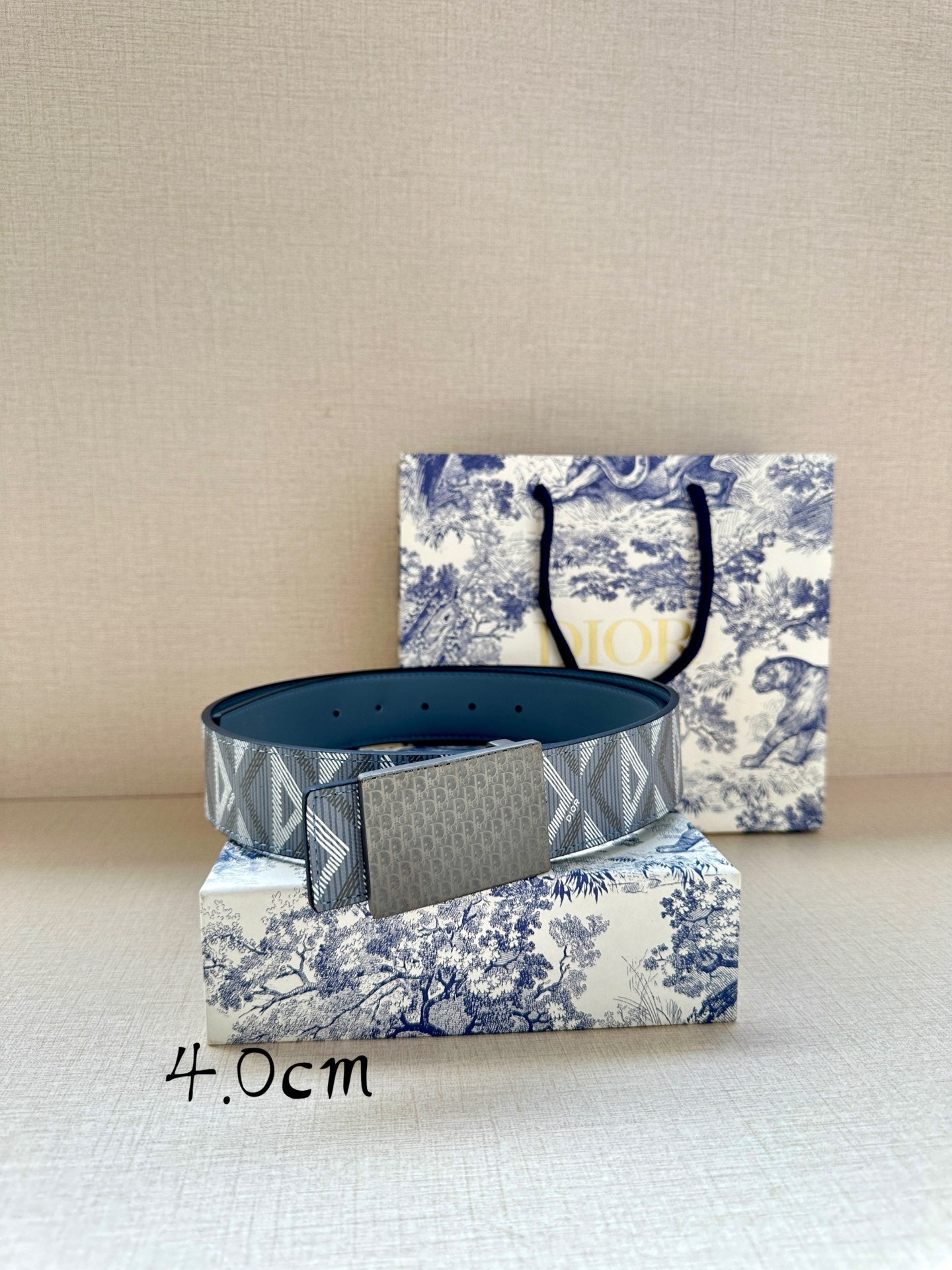 Dior belt with blue patterned strap and gray rectangular buckle, 4.0cm width