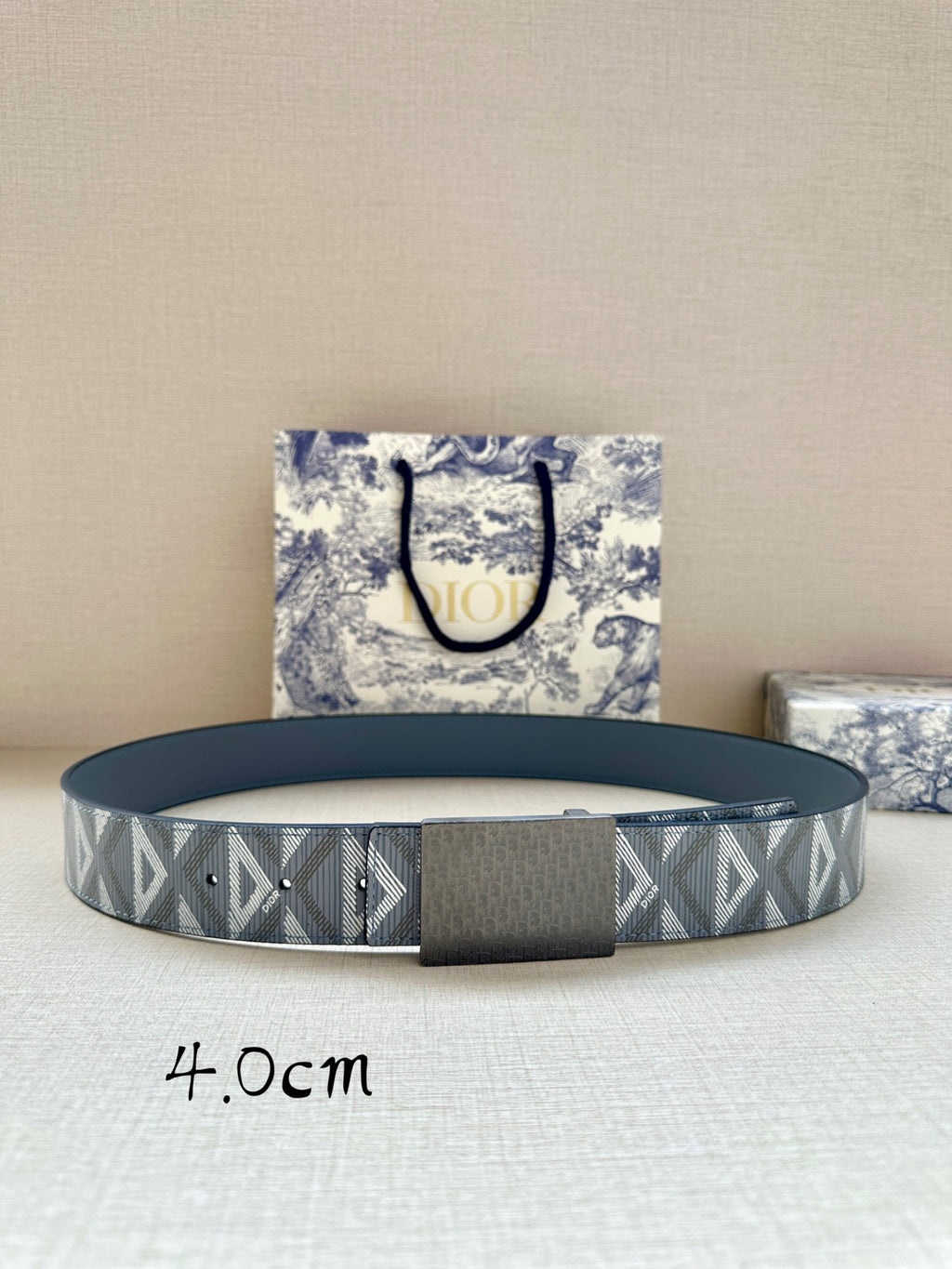 Dior belt with patterned gray-blue strap and rectangular buckle, 4.0cm width