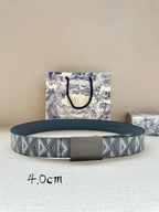 Dior belt with patterned gray-blue strap and rectangular buckle, 4.0cm width