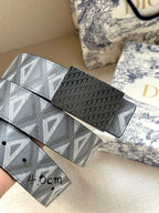 Dior belt with black textured buckle and patterned gray-blue strap, 4.0cm width