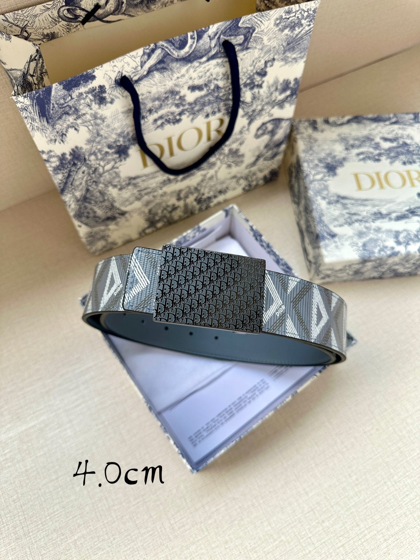 Dior belt with patterned strap and gray rectangular buckle, flat style