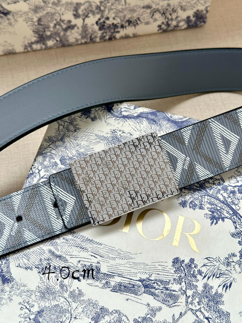 Dior belt close-up with blue leather strap and gray jacquard logo panel