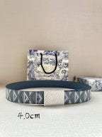 Dior belt with blue leather strap and gray jacquard logo band, buckle not shown