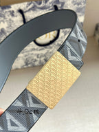 Dior belt close-up: blue-gray geometric strap with gold textured buckle