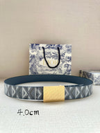 Dior belt, blue-gray patterned strap with gold-tone buckle detail