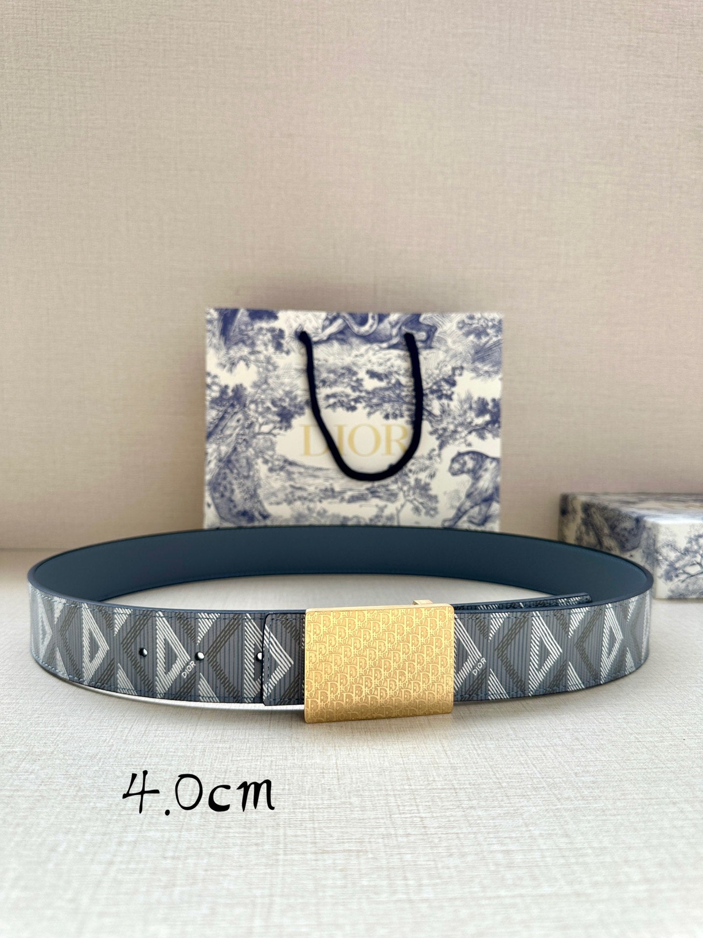 Dior belt, blue-gray patterned strap with gold-tone buckle detail