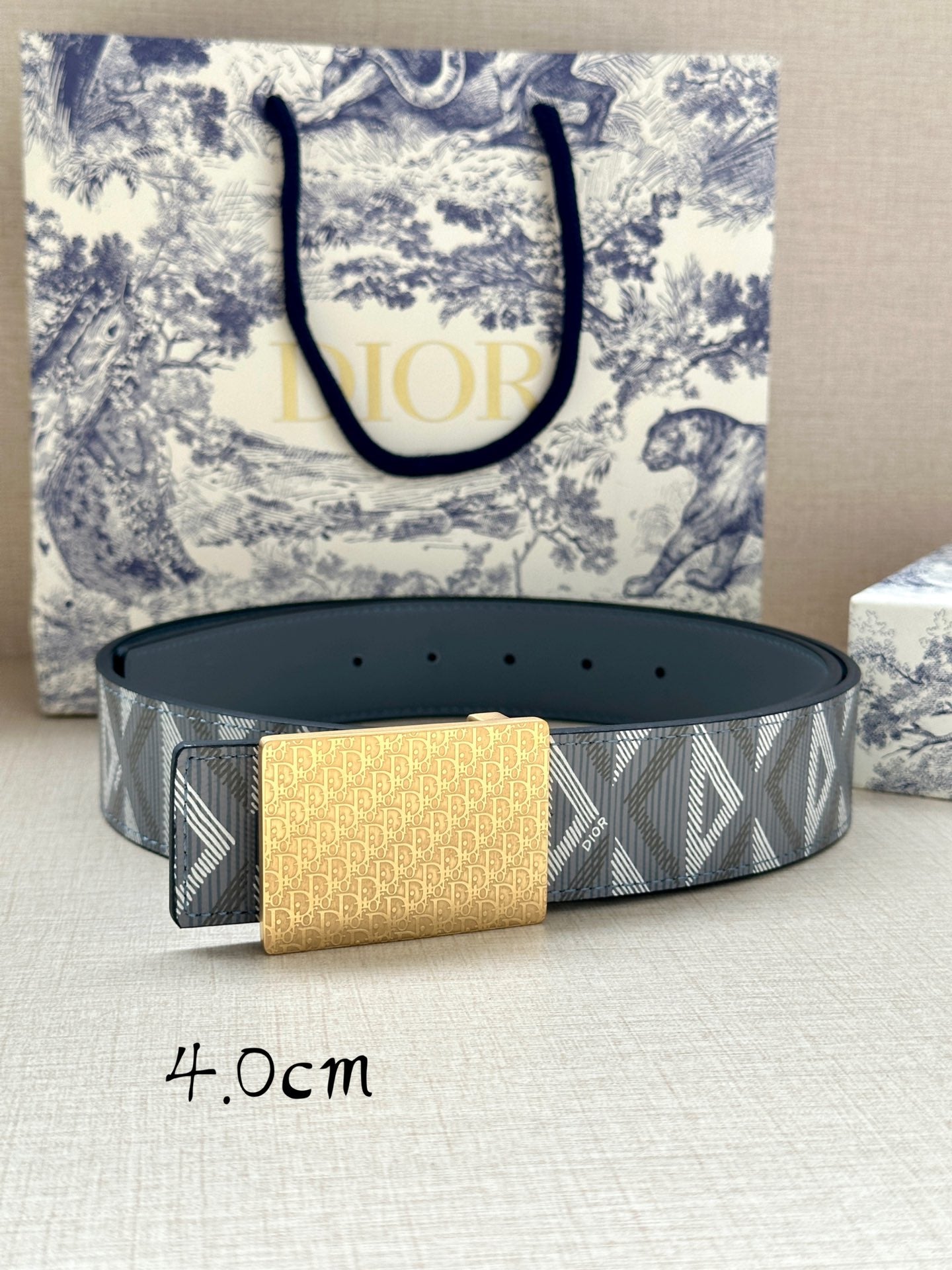 Dior belt, blue-gray geometric strap with centered gold-tone buckle
