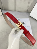 Chanel belt in red leather with gold-tone double C buckle and pin holes.