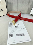 Chanel belt red leather with gold-tone double C buckle and adjustable strap holes.