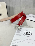 Chanel belt red leather with silver-tone double C buckle and side strap holes.