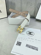 White leather belt with gold-tone CC buckle and belt keeper loops