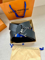 Textured dark blue leather belt with gold-tone LV buckle and keepers