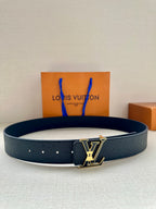 Louis Vuitton belt with textured dark blue leather and gold-tone LV logo buckle