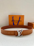 Brown Louis Vuitton belt with monogram pattern and large LV buckle