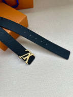 Louis Vuitton leather belt strap with dark navy embossed finish and gold-tone LV buckle