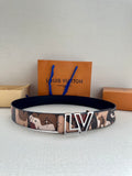 Designer belt with tan and brown logo-pattern strap and gold-tone LV buckle