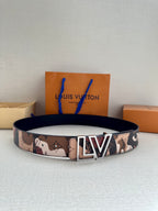 Designer belt with tan and brown logo-pattern strap and gold-tone LV buckle
