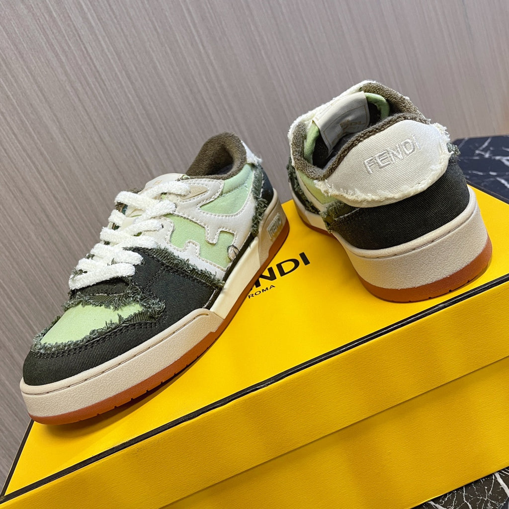 Fendi low-top sneakers, heel and side view, lime green/black upper, cream sole.