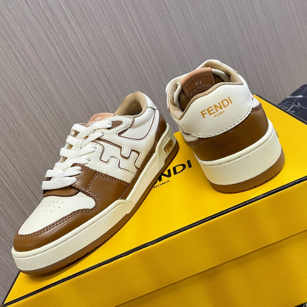 Unisex Fendi leather sneakers on box, front and heel views with brown trim