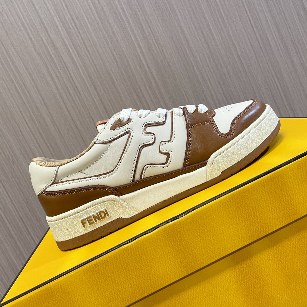 Unisex Fendi leather sneakers, white with brown panels, flat rubber sole