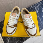 Unisex Fendi leather sneakers on box, white with brown trim, lace-up