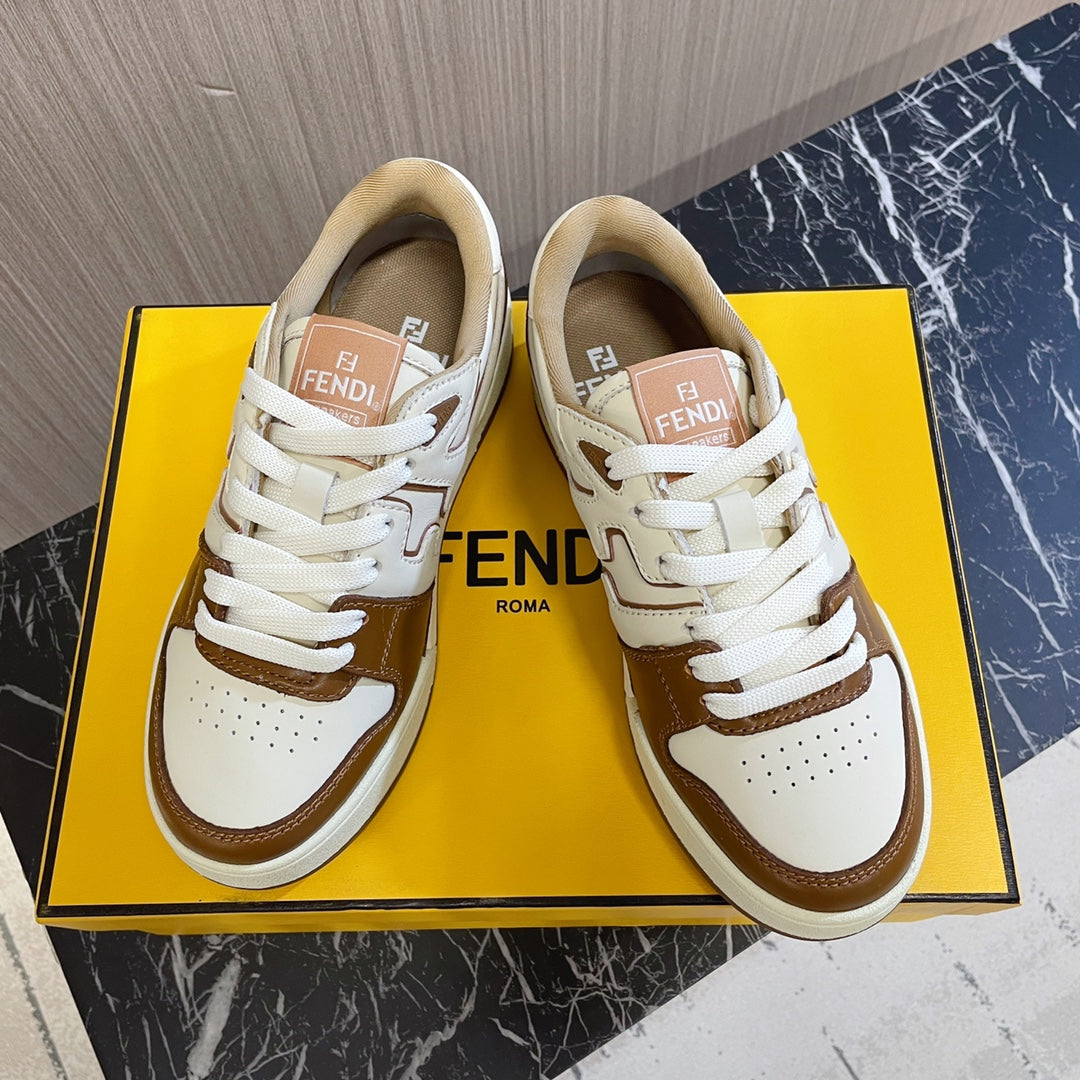 Unisex Fendi leather sneakers on box, white with brown trim, lace-up
