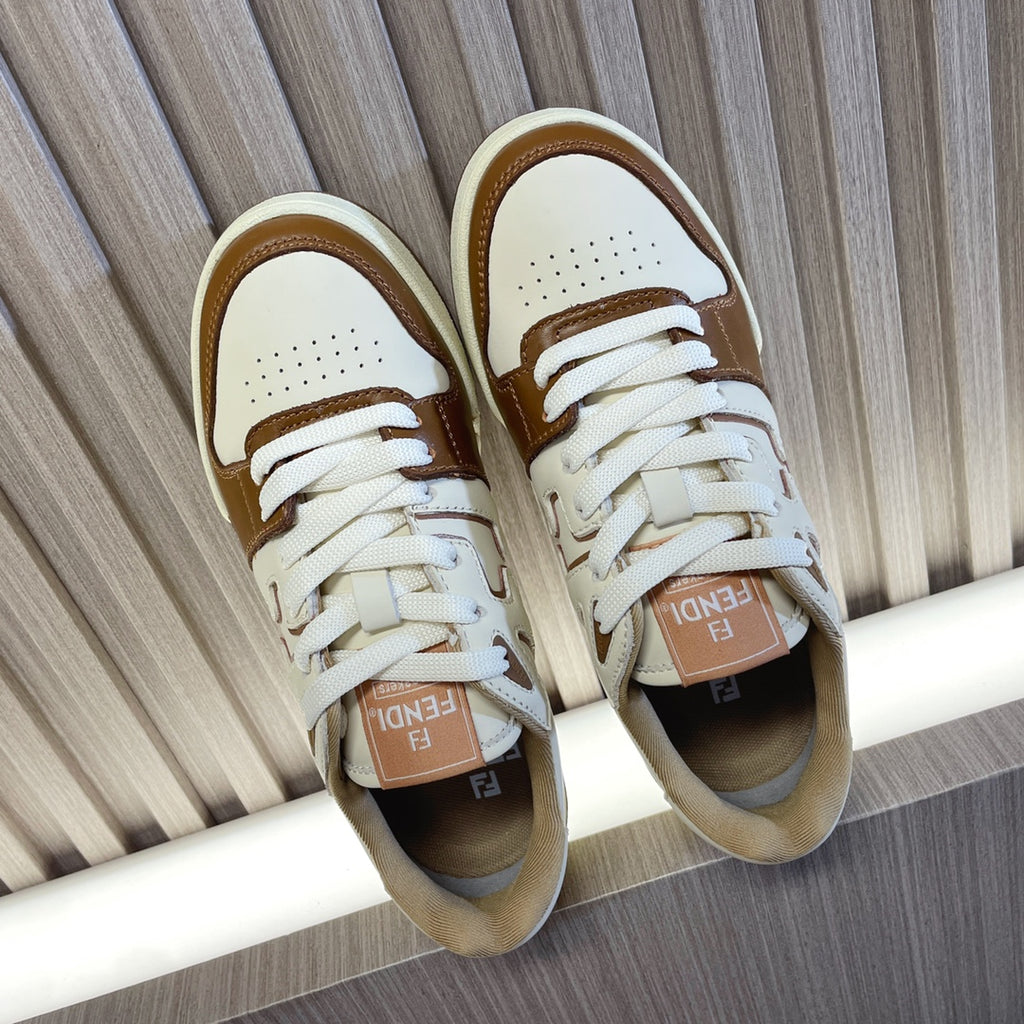 Unisex Fendi leather sneakers, white with brown panels and lace-up front