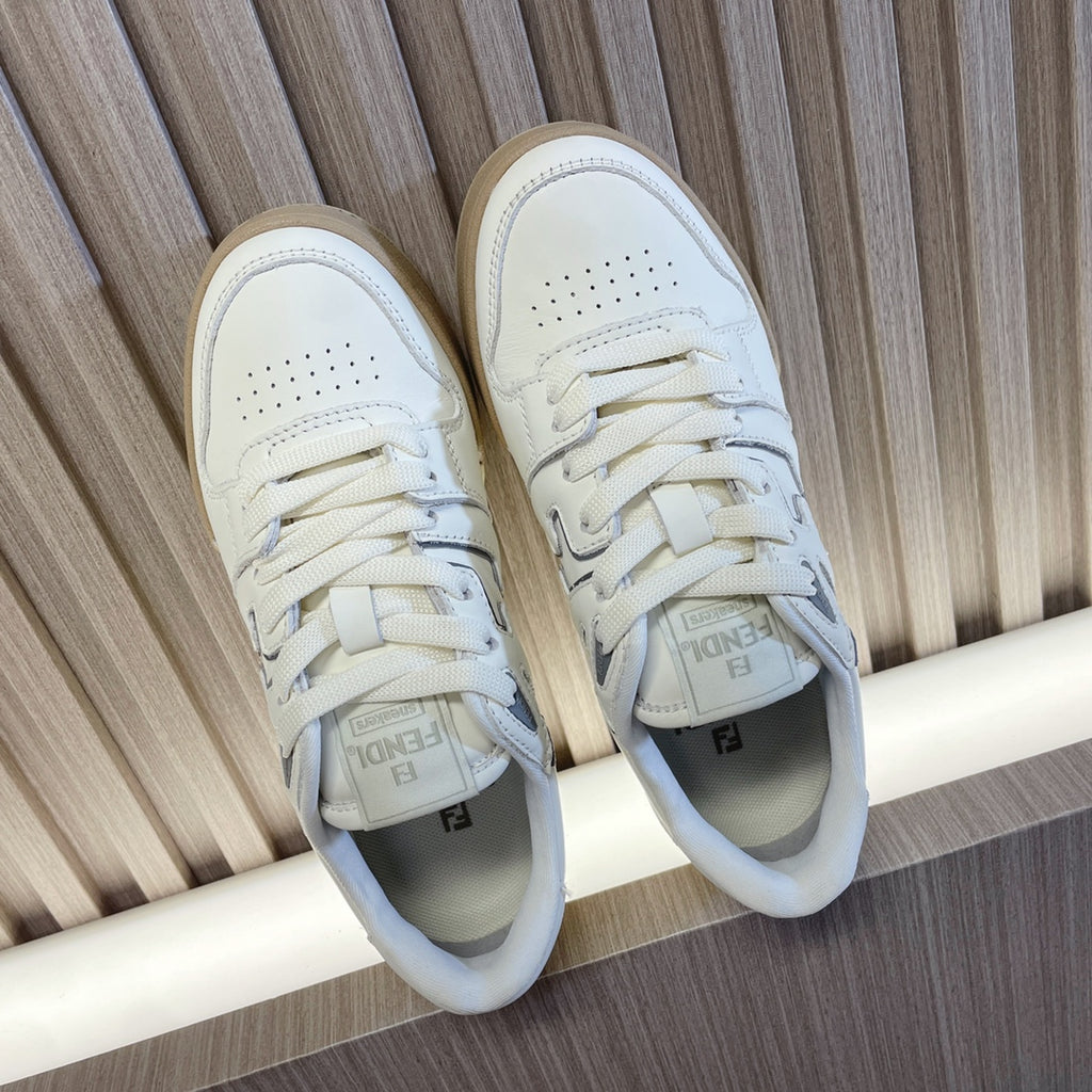 White leather lace-up sneakers with perforated toe and beige rubber sole, Fendi logo