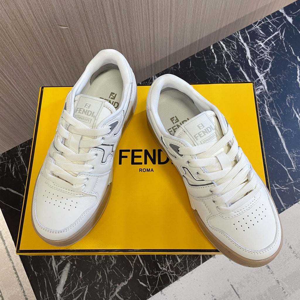White leather lace-up sneakers with Fendi tongue label and beige sole