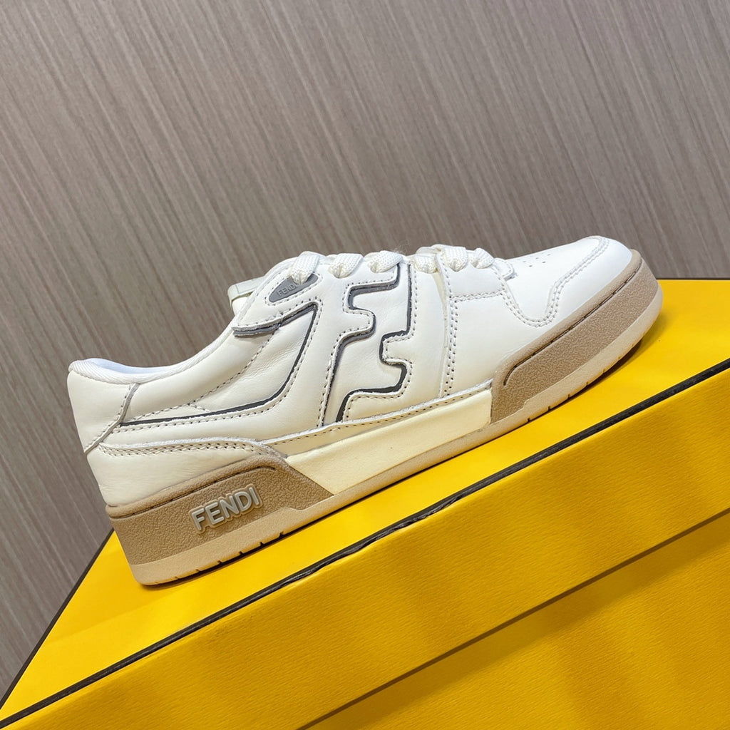 White low-top sneakers with side logo panel and beige sole, Fendi