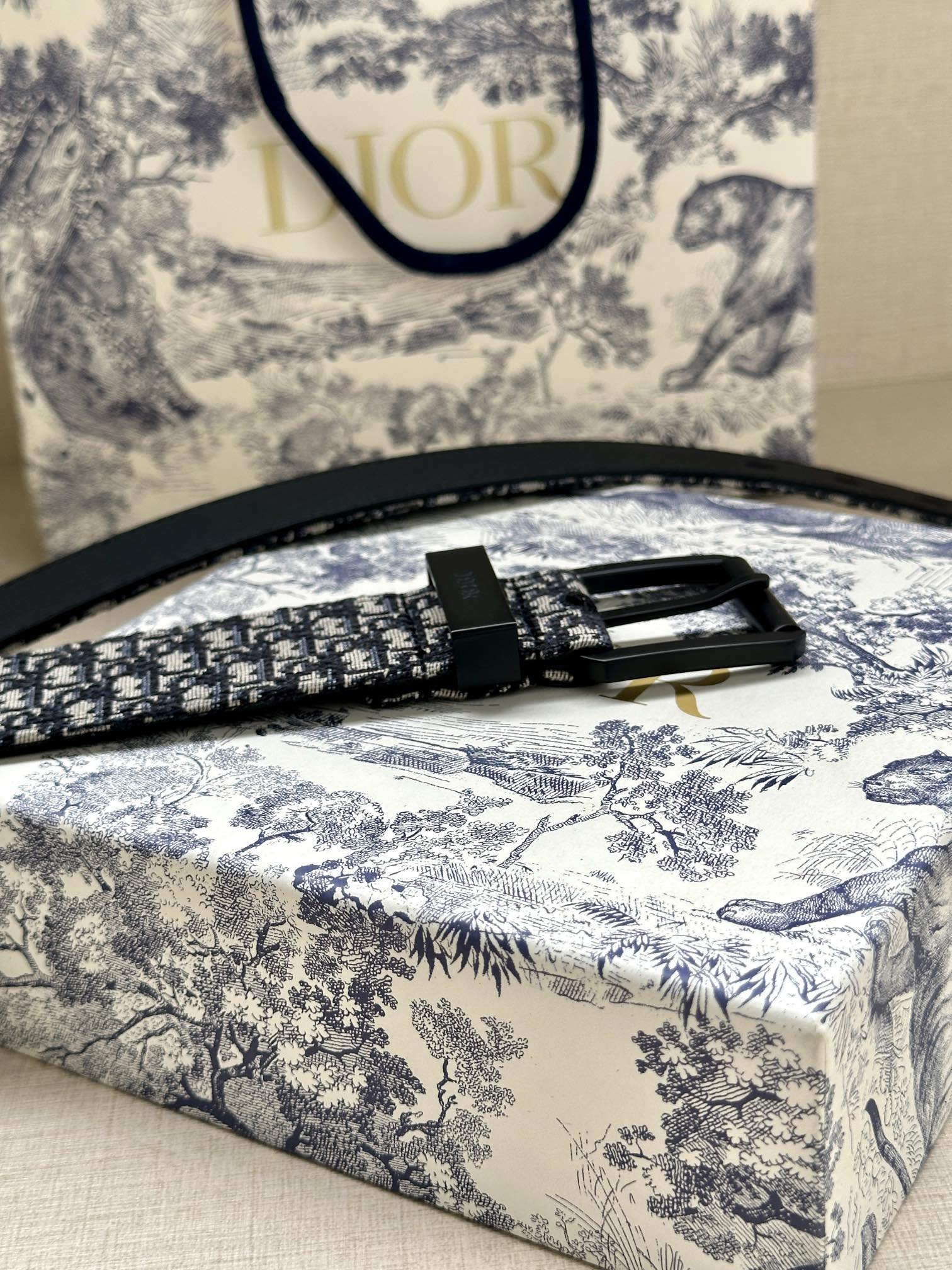 Louis Vuitton belt close-up: blue monogram strap with black pin buckle