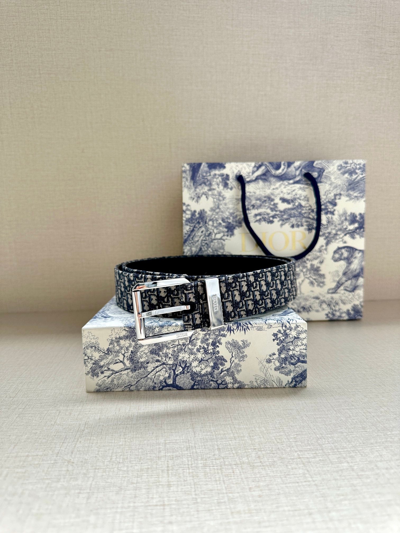 Dior belt with patterned navy strap and polished silver buckle on a box