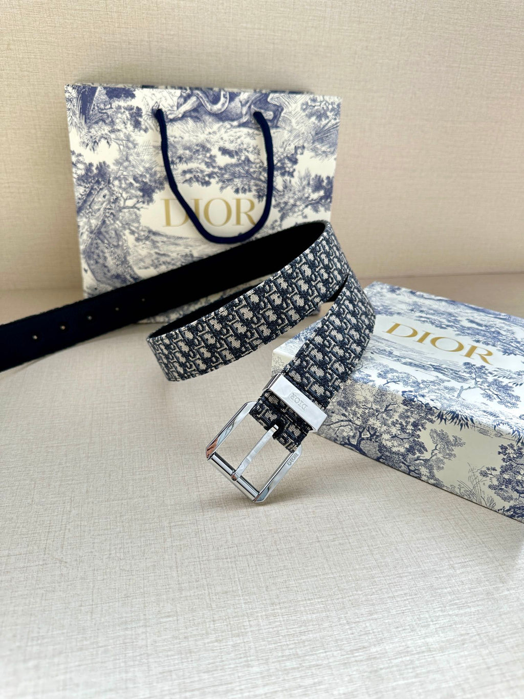 Dior belt with navy patterned strap and silver buckle, laid beside a Dior bag